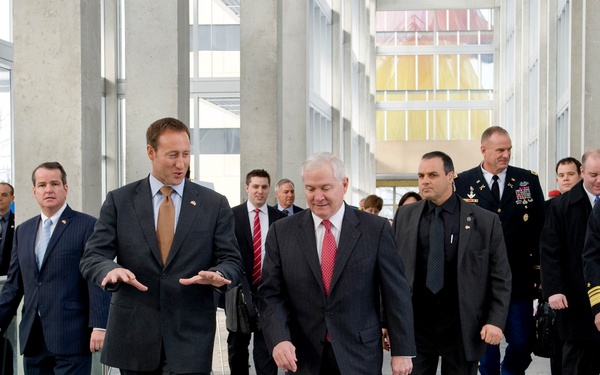 Secretary Gates walks with Canadian Defense Minister Peter MacKay.