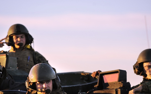 Cpl. Matthew Adams, Lance Cpl. Devon Ridgway and Pfc. Andrey Fortygin land an amphibious assault vehicle on the beach.