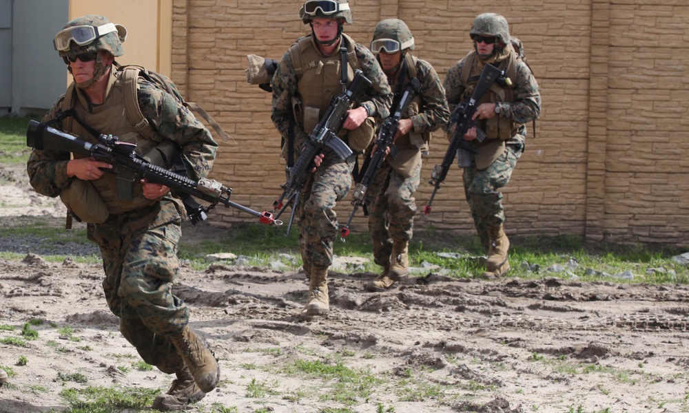 U.S. Marines move toward a rally point at Camp Pendleton.