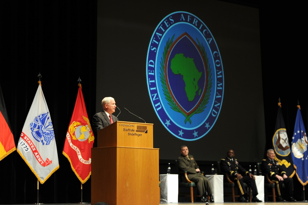 Secretary Gates addresses the audience during a change of command ceremony.