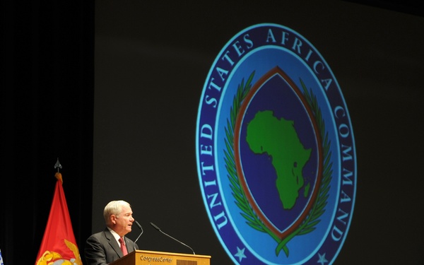 Secretary Gates addresses the audience during a change of command ceremony.
