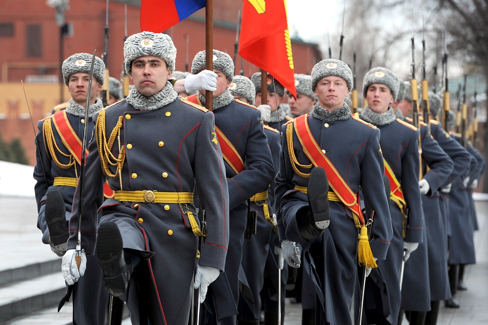 Russian soldiers march during a welcoming ceremony for Secretary Gates.