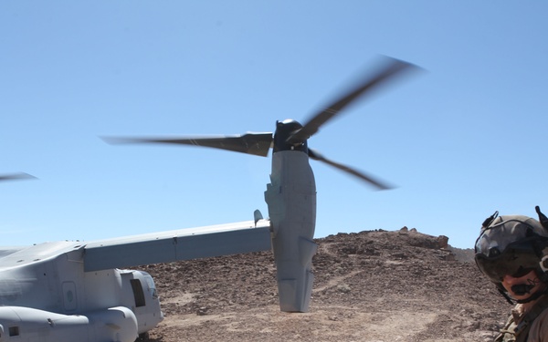 A U.S. Marine Corps MV-22 Osprey tiltrotor aircraft lands in the Imperial Valley Desert.