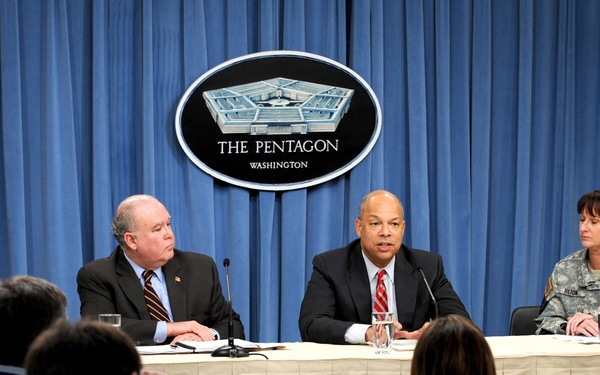Jeh C. Johnson conducts a Pentagon press briefing.