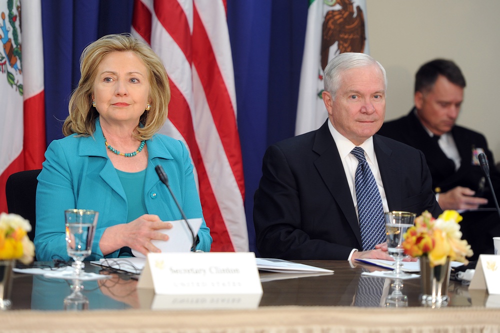 Secretary of State Hillary Clinton and Secretary Gates participate in the U.S./Mexico High Level Consultative Group meeting.