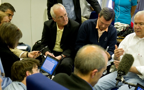 Secretary Gates speaks with members of the press.