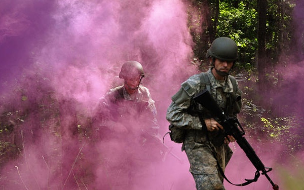 U.S. Army officer candidates conduct squad movements and battle drills at Fort Pickett, Va.
