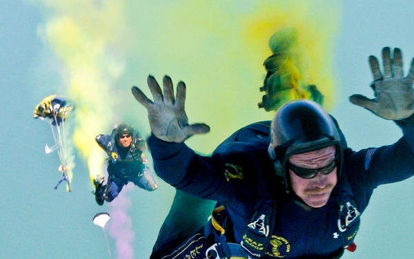 Chief Petty Officer Larry Summerfield jumps from a C-130 cargo aircraft during a training jump.