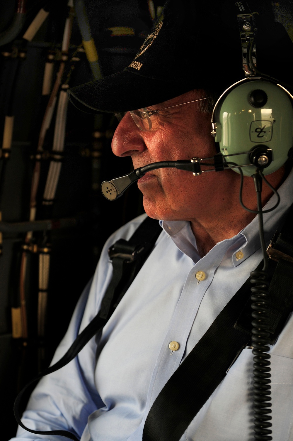 Secretary Panetta rides aboard a UH-60 Blackhawk helicopter over Baghdad.