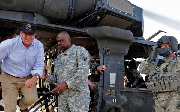 Secretary Panetta steps off a UH-60 Blackhawk helicopter at Camp Victory.