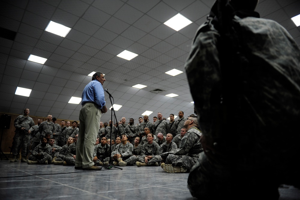 Secretary Panetta speaks to troops at Camp Victory.