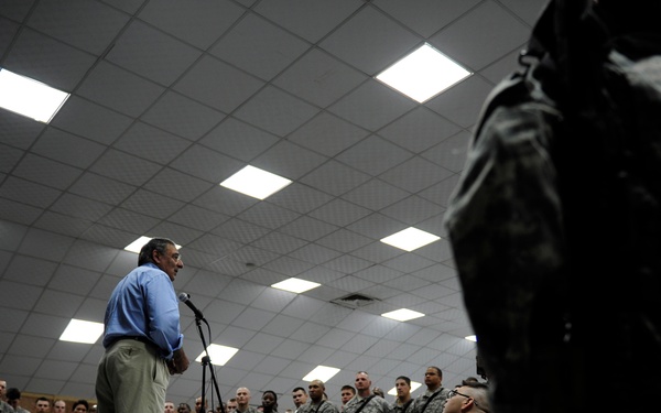 Secretary Panetta speaks to troops at Camp Victory.