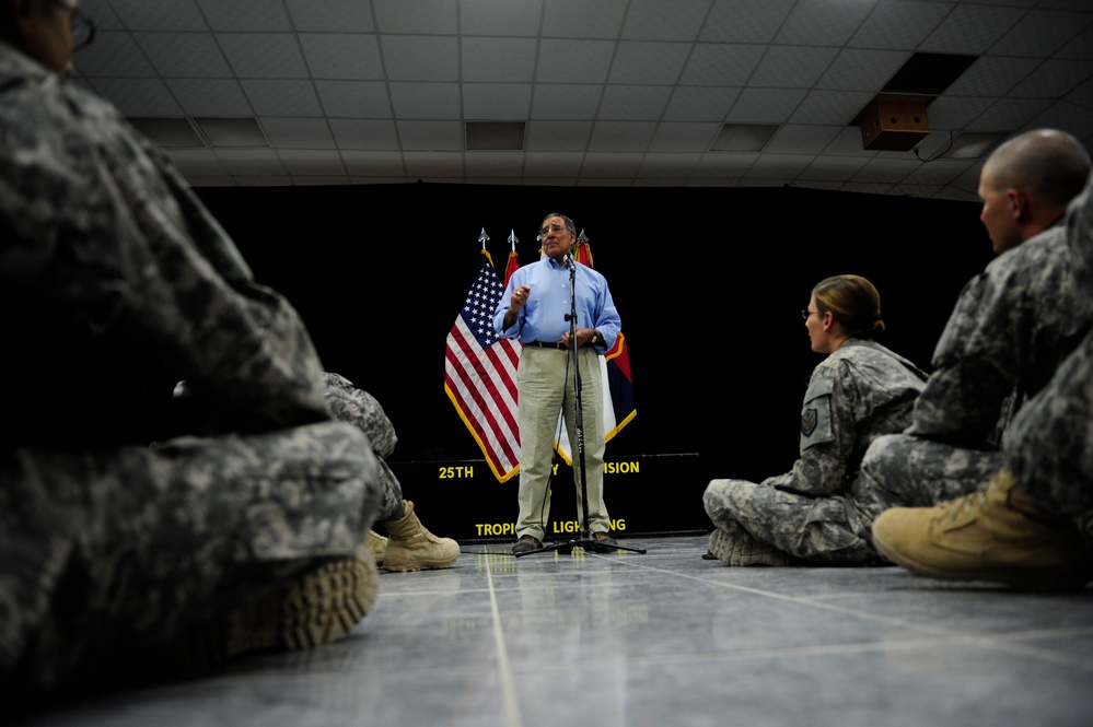 Secretary Panetta speaks to troops at Camp Victory.