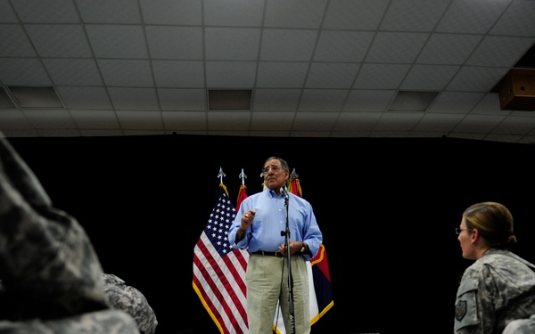 Secretary Panetta speaks to troops at Camp Victory.