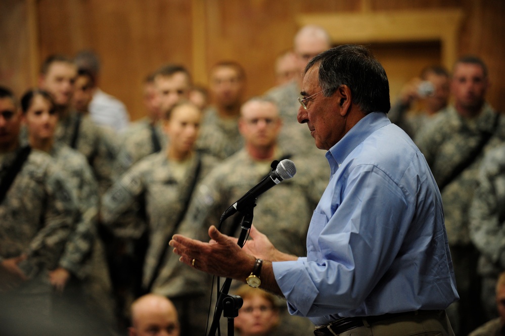 Secretary Panetta speaks to troops at Camp Victory.