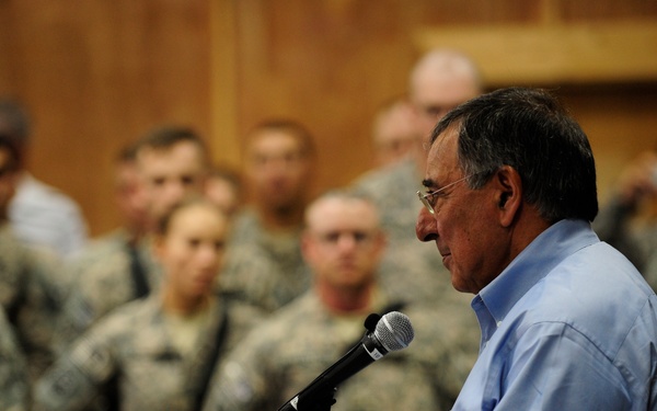Secretary Panetta speaks to troops at Camp Victory.