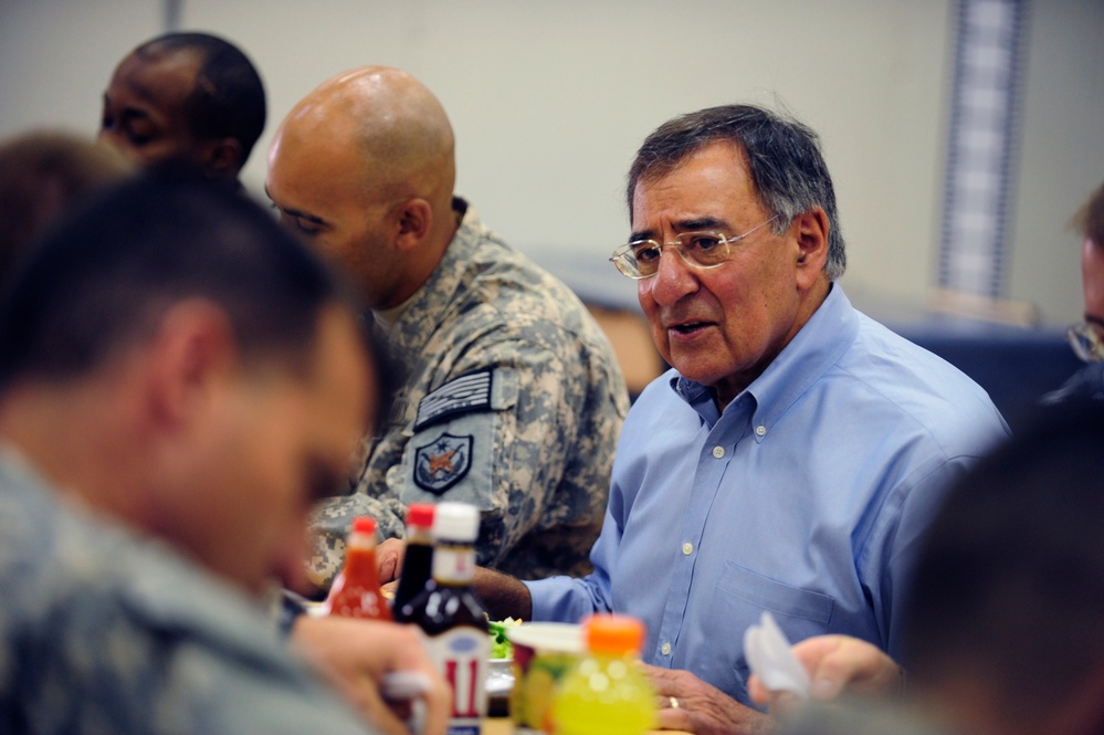 Secretary Panetta has lunch with troops at Camp Victory.