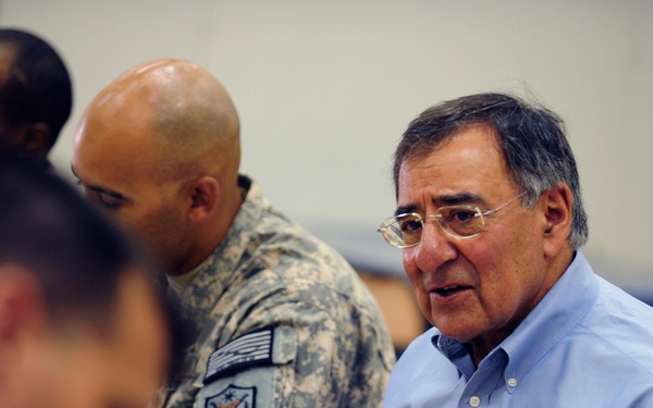 Secretary Panetta has lunch with troops at Camp Victory.