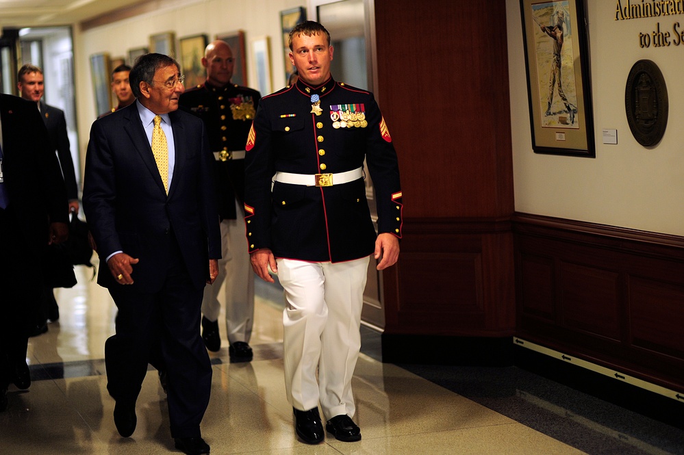 Secretary Panetta escorts Medal of Honor recipient Marine Sgt. Dakota L. Meyer