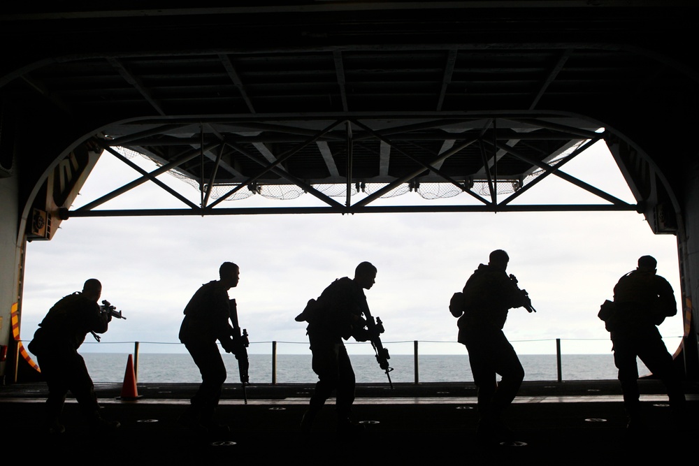 U.S. Marines conduct rifle movement drills during sustainment training.