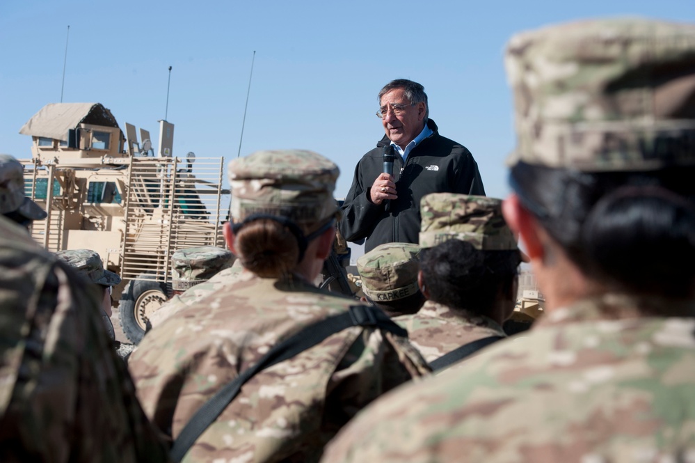 Secretary Panetta speaks to troops with the 172nd Infantry Brigade at forward operation base Sharana.