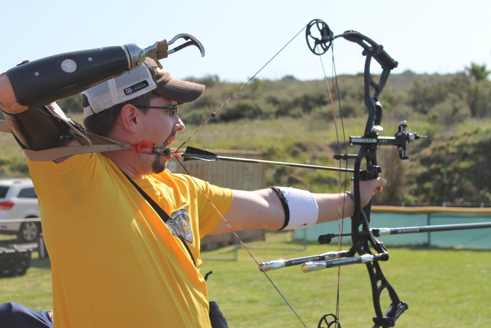 Marine Corps veteran Mark P. OíBrien participates in an archery competition.