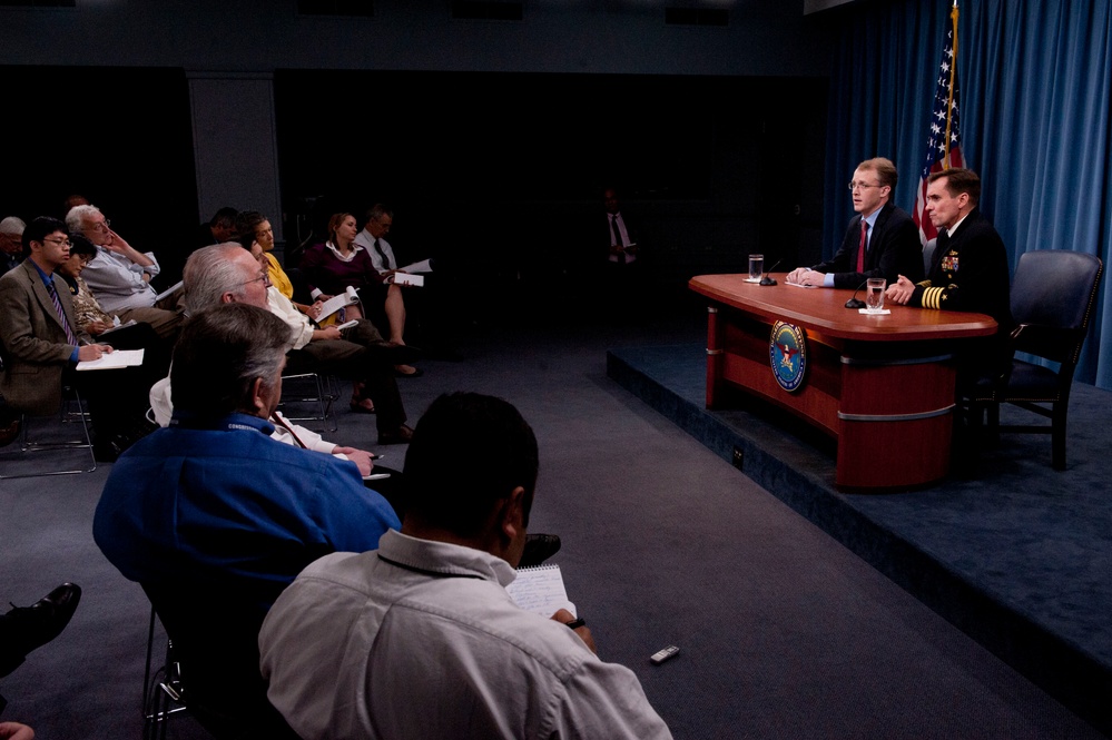 Pentagon Press Secretary George Little and Capt. John Kirby, U.S. Navy, brief the media.