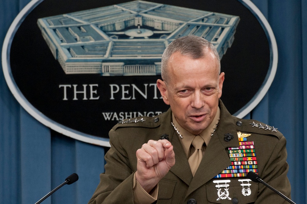 Gen. John R. Allen briefs the press in the Pentagon.