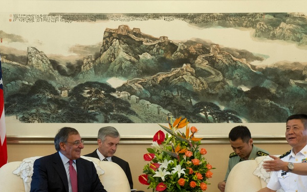 Secretary Panetta meets with  Vice Adm. Tian Zhong in Qingdao, China.