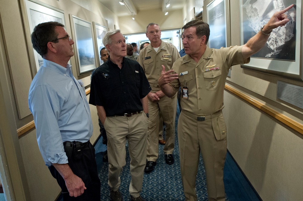 Deputy Secretary Carter and Navy Secretary Maybus are given a tour of the Commander, Naval Air Forces headquarters