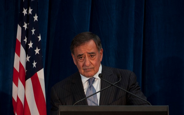 Secretary Panetta answers a question during a press conference in Perth