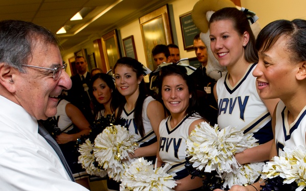 Secretary Panetta greets the U.S. Naval Academy Midshipmen cheerleaders