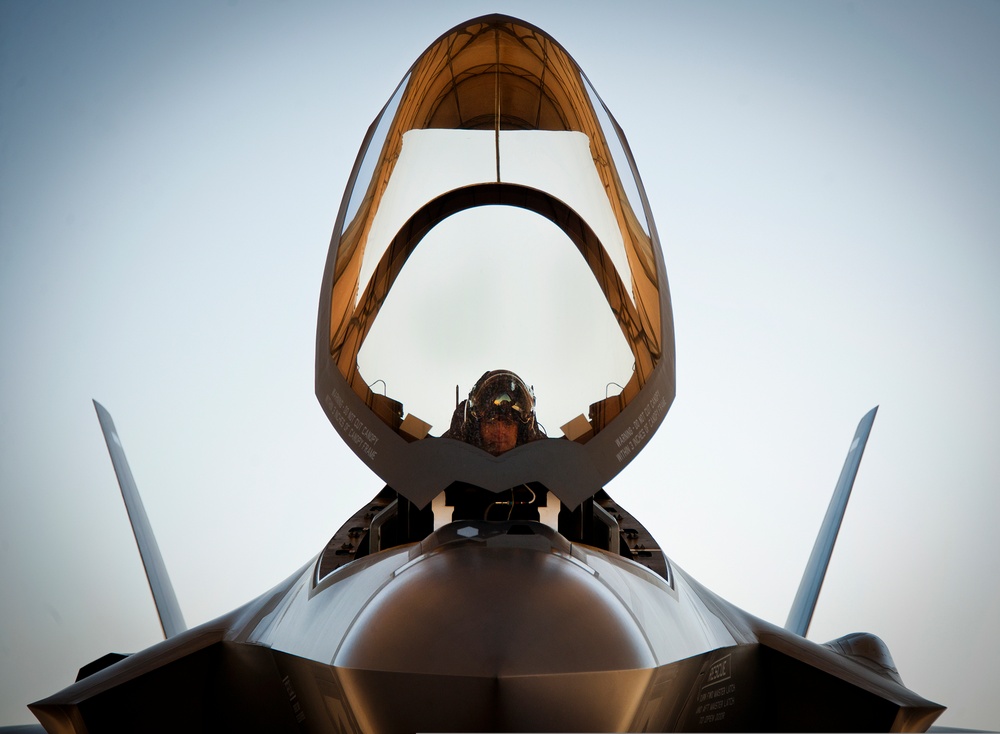 Air Force Lt. Col. Benjamin Bishop completes preflight checks in an F-35A Lightning II