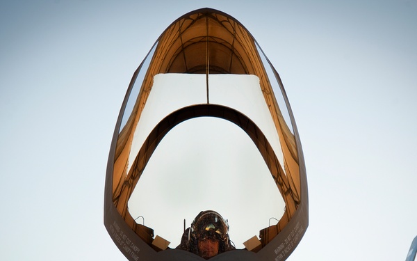 Air Force Lt. Col. Benjamin Bishop completes preflight checks in an F-35A Lightning II