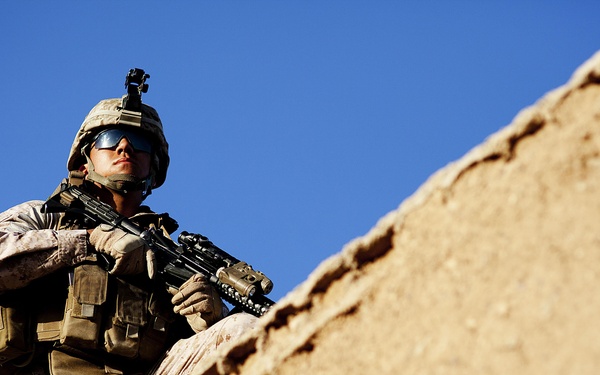 U.S. Marine Corps Lance Cpl. Pablo Perez provides security