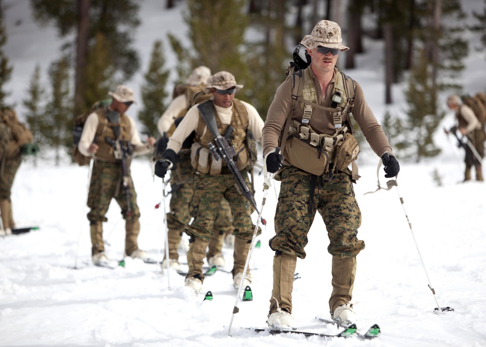 Lance Cpl. Justin Hoppis skis with his fellow Marines during ski tour training