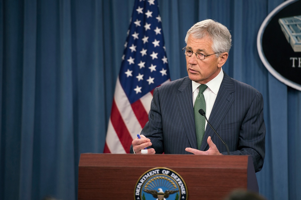 Secretary Hagel answers a reporter’s question during a joint press conference