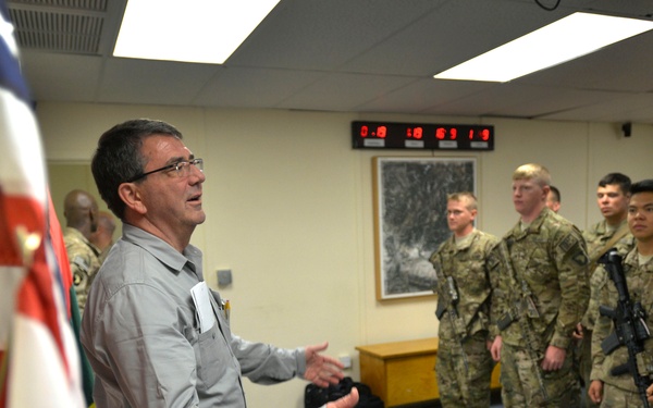 Deputy Secretary Carter talks to troops during a visit to Jalalabad Air Base