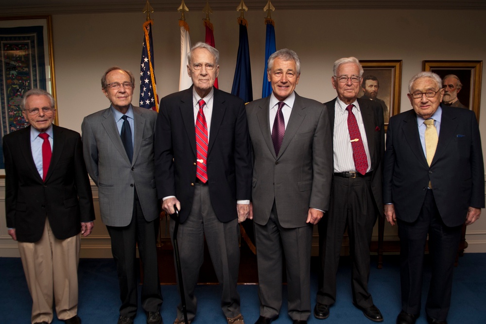 Secretary Hagel and former secretaries pose for a photo