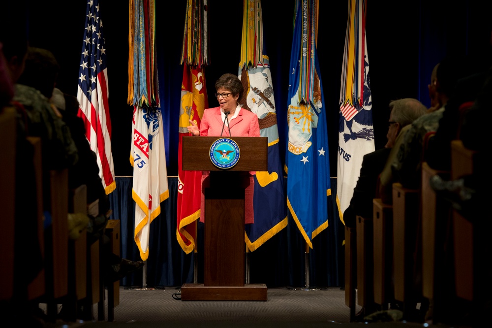 Senior Advisor to President Obama Valerie Jarrett speaks at the Defense Department Pride event