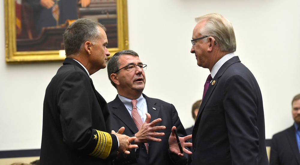 Deputy Secretary Carter and Adm. Winnefeld speak with House Armed Service Committee Chairman Howard P. &quot;Buck&quot; McKeon