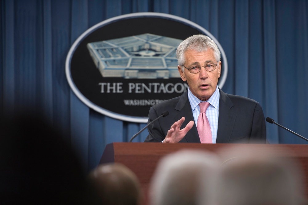 Secretary Hagel talks to reporters concerning the government shutdown