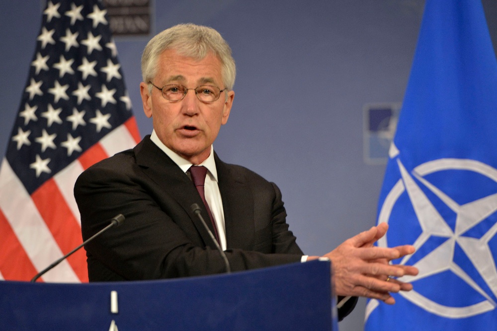 U.S. Defense Secretary Chuck Hagel conducts a news conference in Brussels after NATO meetings.