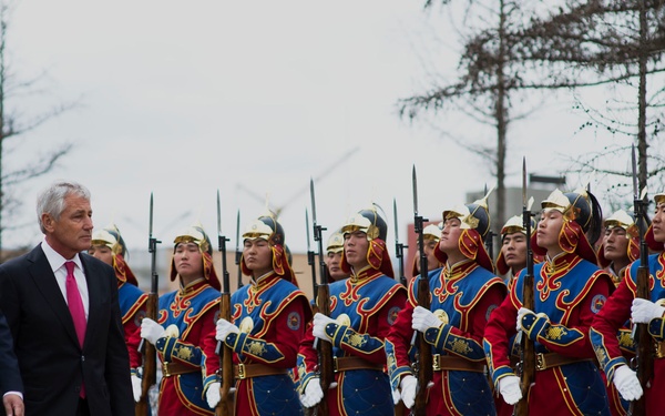 Hagel Participates in Military Ceremony in Mongolia