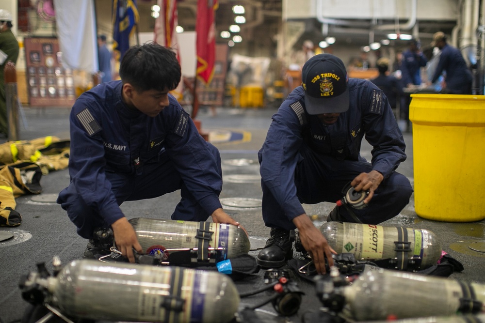 USS Tripoli Conducts an 8010 Fire Drill