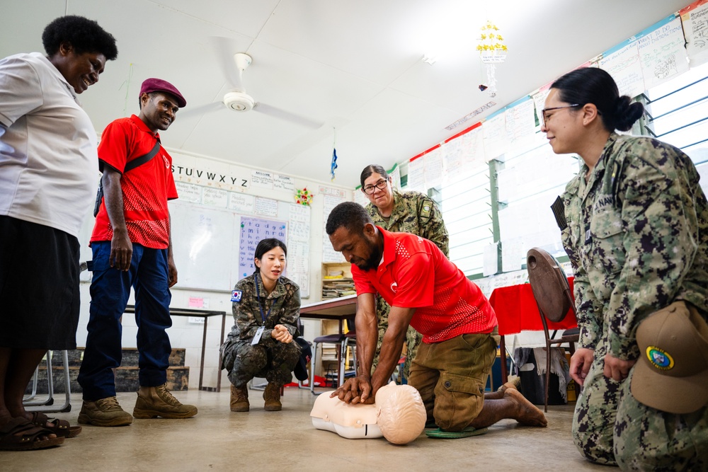 Medical First Responders from Partner Nations Participating in Pacific Partnership 2025 Conduct First Aid Training in Lae, Papua New Guinea, July 2025