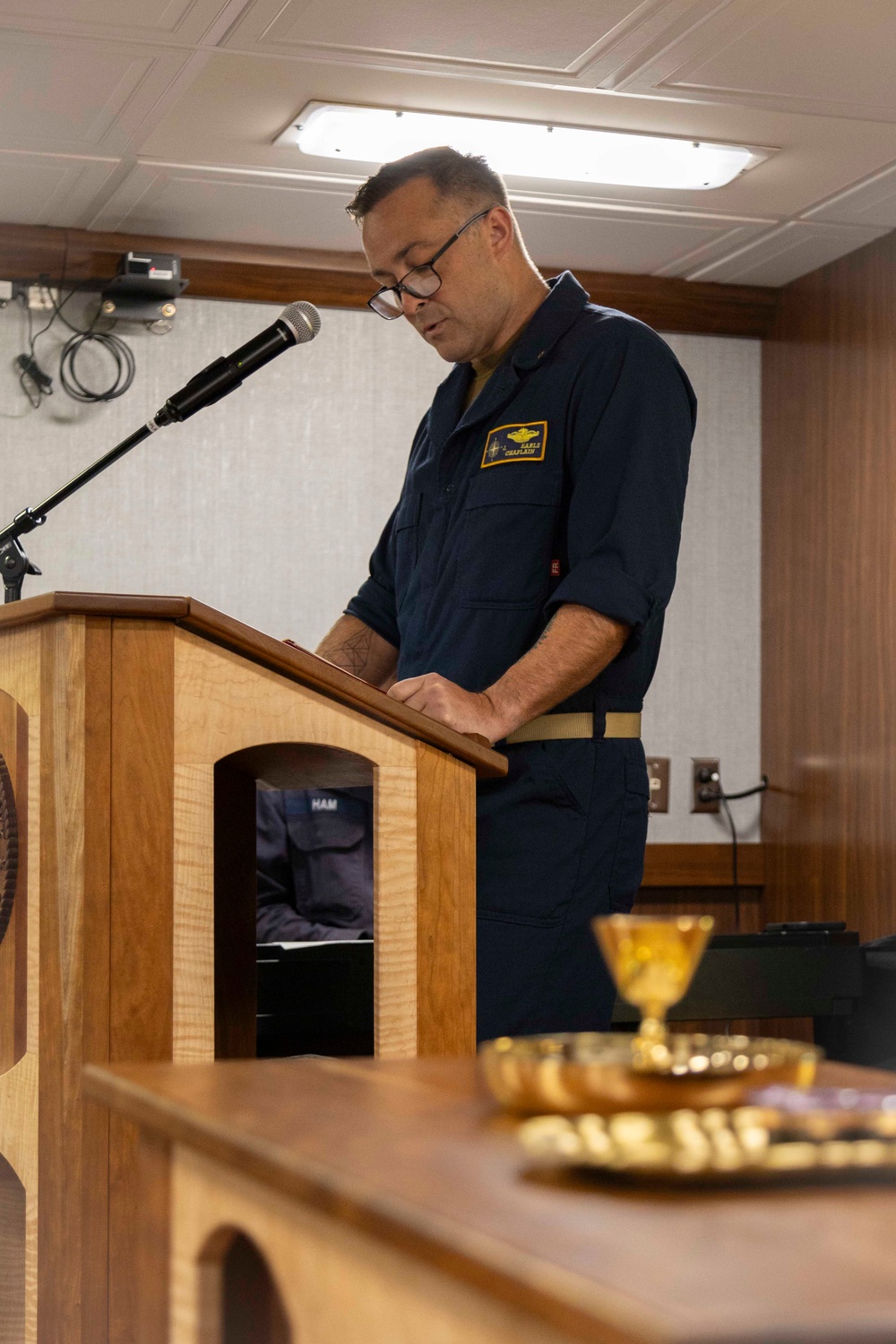 USS Gerald R. Ford (CVN 78) Chaplain Leads Religious Service