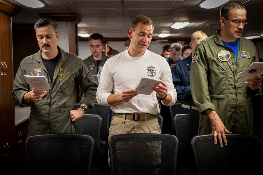 USS Gerald R. Ford (CVN 78) Sailors Participate in Religious Service