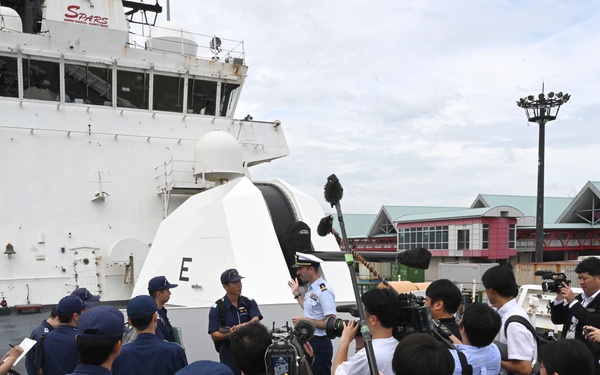 The Legend-class U.S. Coast Guard Cutter Stratton (WMSL 752) crew participates in trilateral engagements with Japan and Philippine Coast Guard members in Kagoshima, Japan