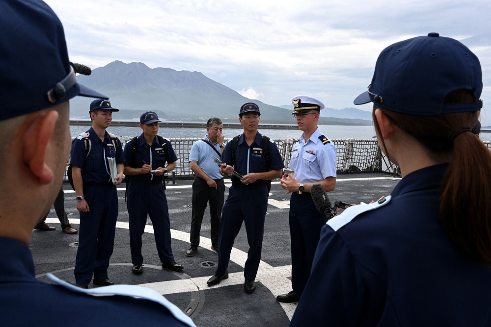 The Legend-class U.S. Coast Guard Cutter Stratton (WMSL 752) crew participates in trilateral engagements with Japan and Philippine Coast Guard members in Kagoshima, Japan